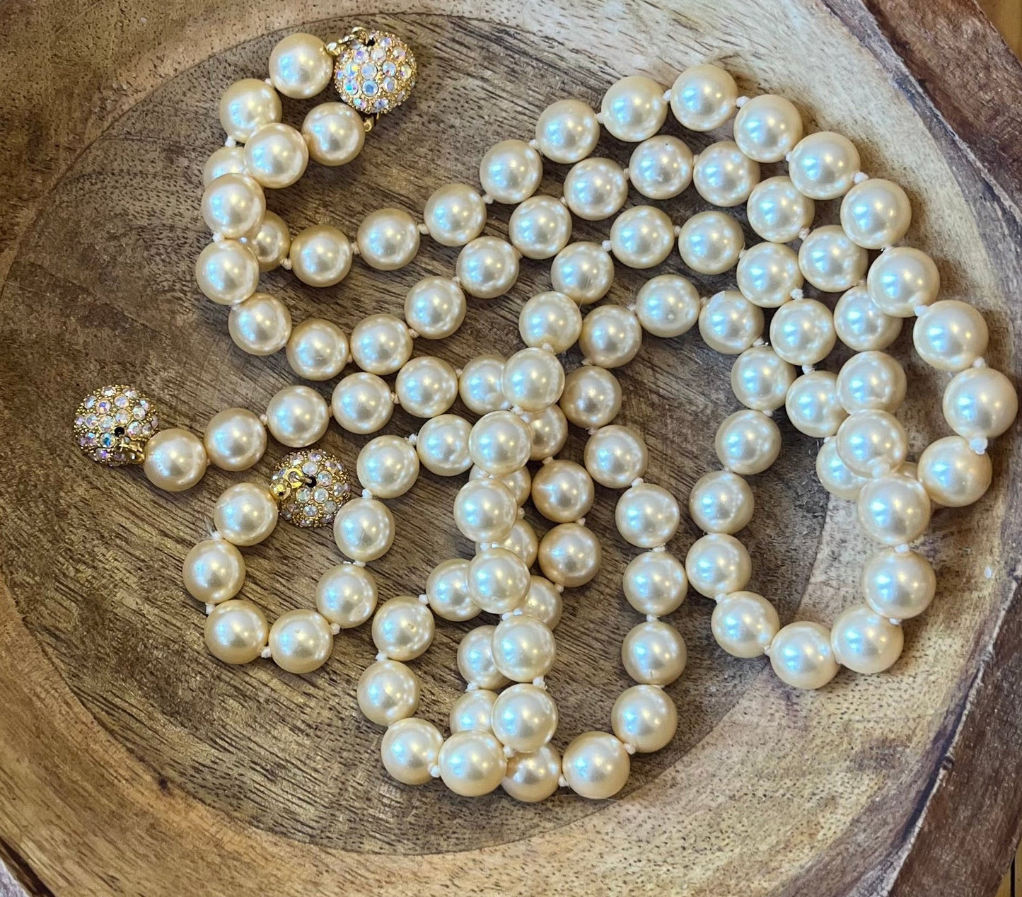 Vintage Double Strand Faux Pearl Necklace with Rhinestone Ball Clasps