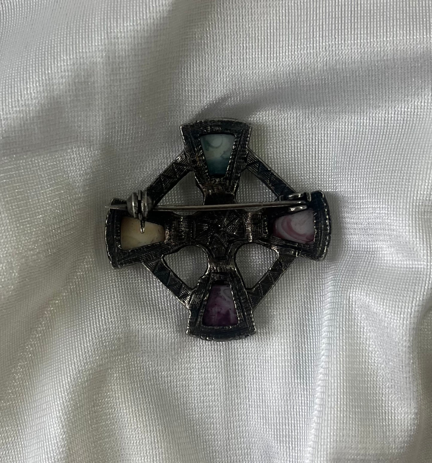 Vintage Cross Brooch with Multicolor Glass Cabochons – Gothic Revival Style