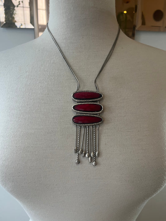 Chico’s Silver Tone & Red Statement Fringe Necklace