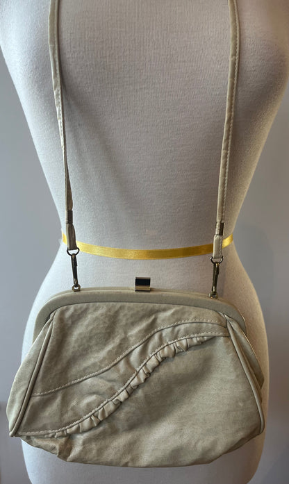 Vintage Bonni Jane Cream Leather Crossbody Bag with Ruched Detail