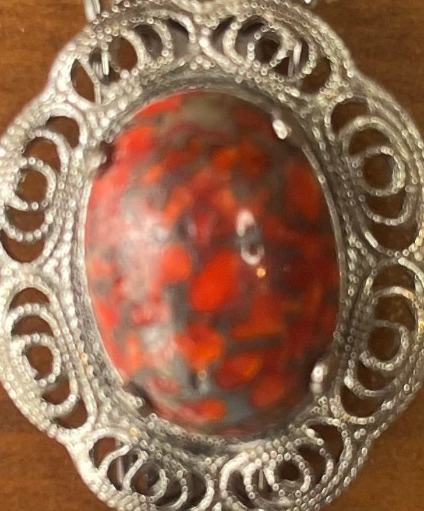 Vintage Red Cabochon Silver Tone Filigree Scarf Clip