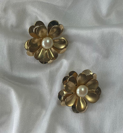 Vintage Sculptural Gold-Tone Flower Earrings
