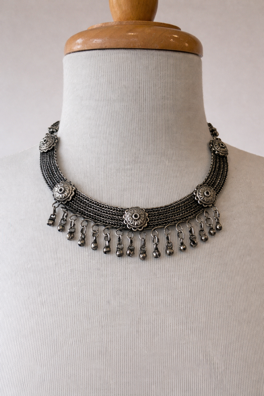 Vintage Silver-Tone Multi-Chain Statement Necklace with Floral Medallions & Dangle Fringe