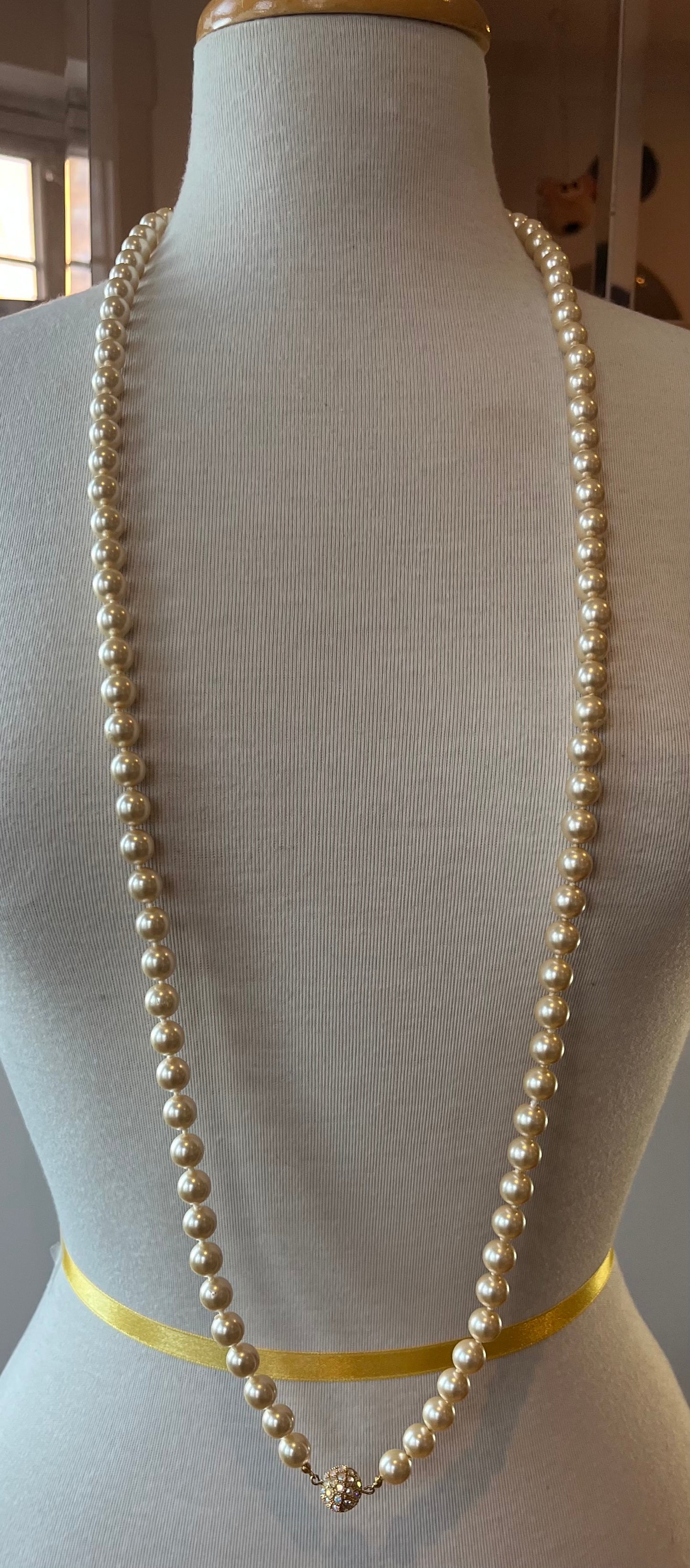 Vintage Double Strand Faux Pearl Necklace with Rhinestone Ball Clasps