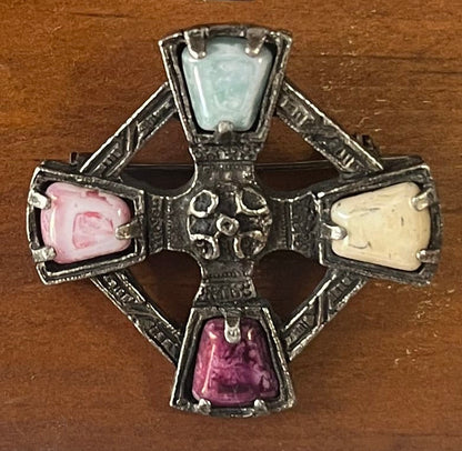 Vintage Cross Brooch with Multicolor Glass Cabochons – Gothic Revival Style