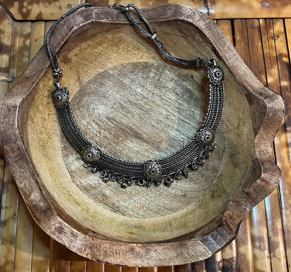 Vintage Silver-Tone Multi-Chain Statement Necklace with Floral Medallions & Dangle Fringe