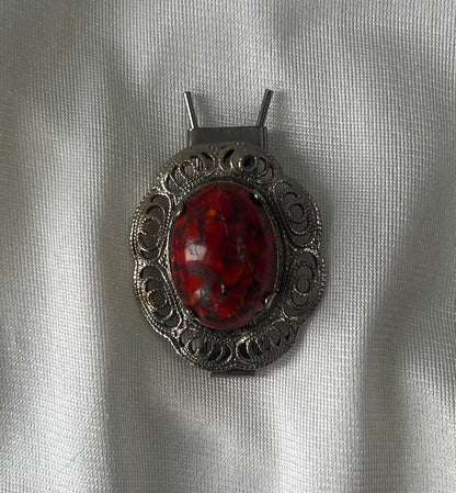 Vintage Red Cabochon Silver Tone Filigree Scarf Clip