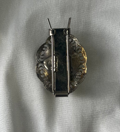 Vintage Red Cabochon Silver Tone Filigree Scarf Clip