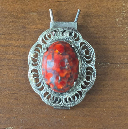 Vintage Red Cabochon Silver Tone Filigree Scarf Clip