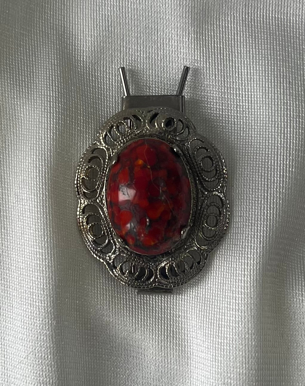 Vintage Red Cabochon Silver Tone Filigree Scarf Clip