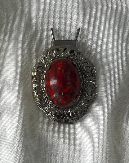 Vintage Red Cabochon Silver Tone Filigree Scarf Clip