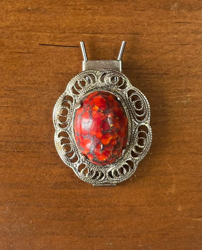Vintage Red Cabochon Silver Tone Filigree Scarf Clip