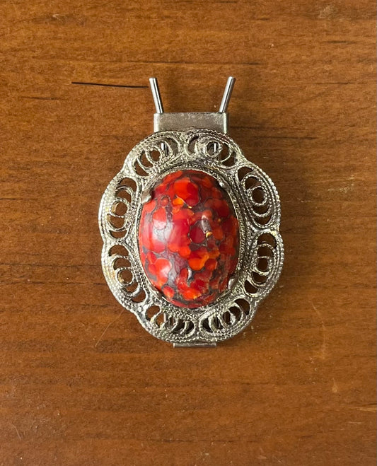 Vintage Red Cabochon Silver Tone Filigree Scarf Clip