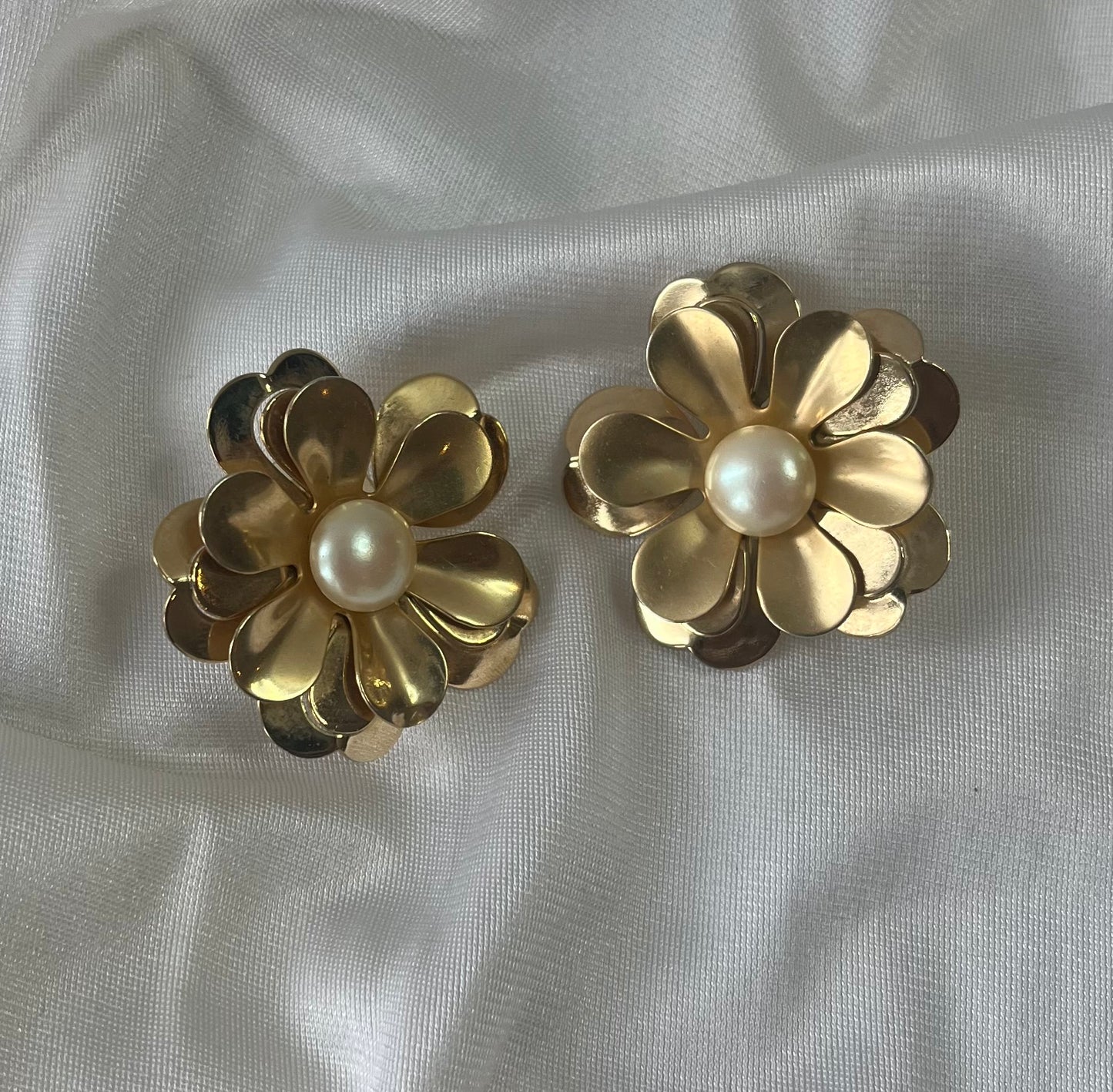 Vintage Sculptural Gold-Tone Flower Earrings