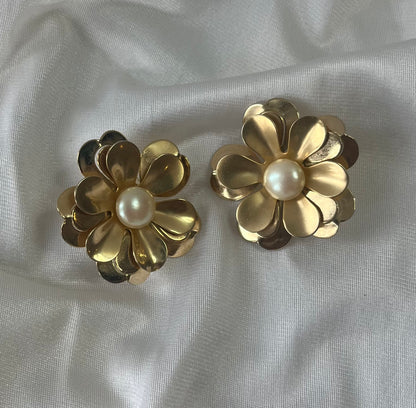 Vintage Sculptural Gold-Tone Flower Earrings