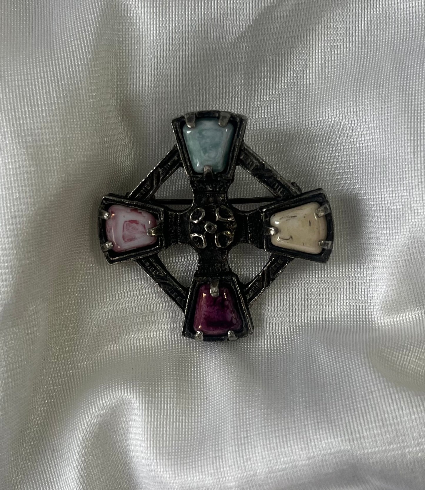 Vintage Cross Brooch with Multicolor Glass Cabochons – Gothic Revival Style