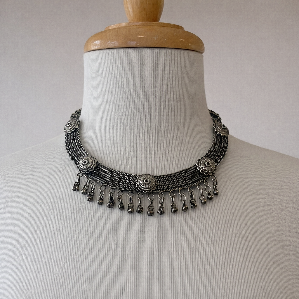 Vintage Silver-Tone Multi-Chain Statement Necklace with Floral Medallions & Dangle Fringe