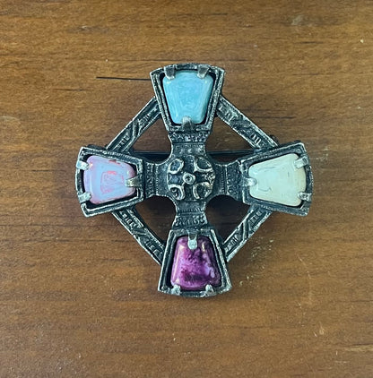 Vintage Cross Brooch with Multicolor Glass Cabochons – Gothic Revival Style