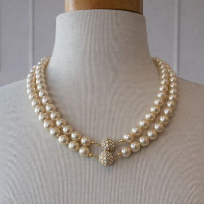 Vintage Double Strand Faux Pearl Necklace with Rhinestone Ball Clasps