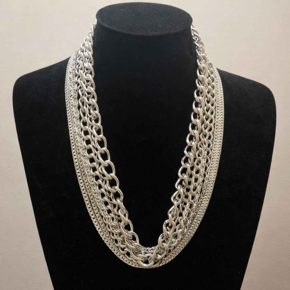 Vintage Multi Strand Silver Tone Chain Necklace