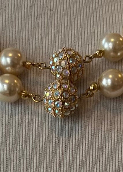 Vintage Double Strand Faux Pearl Necklace with Rhinestone Ball Clasps