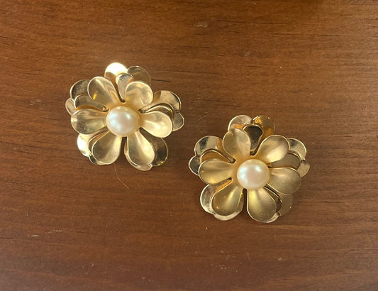 Vintage Sculptural Gold-Tone Flower Earrings