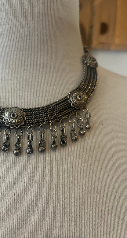 Vintage Silver-Tone Multi-Chain Statement Necklace with Floral Medallions & Dangle Fringe