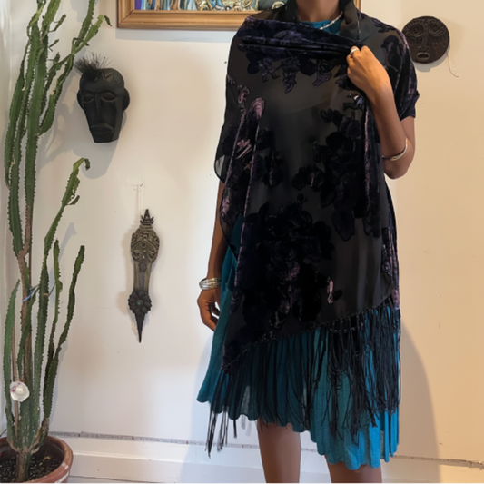 Vintage Black Sheer Burnout Velvet Floral Shawl with Fringe