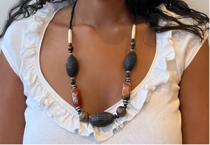 Vintage Black Beaded Necklace with Stone Accents