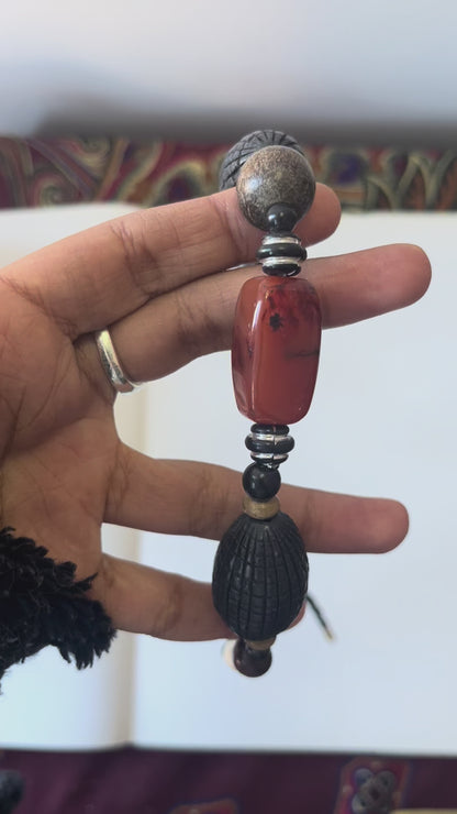 Vintage Black Beaded Necklace with Stone Accents